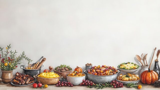 Watercolor of a Thanksgiving potluck feast, with friends and family bringing diverse homemade dishes to share, symbolizing unity