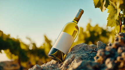 White wine mock-up. A bottle of white wine on a rock in a vineyard with an empty label