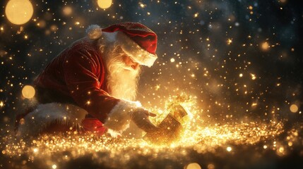 Obraz premium Santa Claus opens a magical gift box with glowing sparkles.
