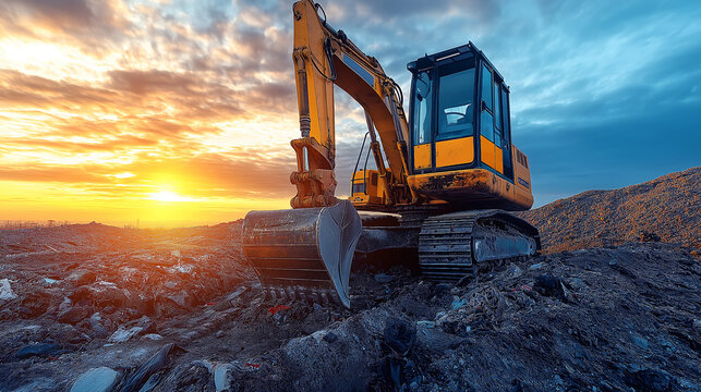 Bustling city landfill with an excavator at the forefront, working through layers of trash, showing the scale of waste management in a modern urban area