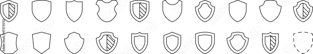 Wall mural set of line icons of shield. editable stroke. minimalistic linear pictogram for design of cards, app