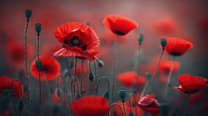 Fototapeta premium red moody poppy flower with blurred field background
