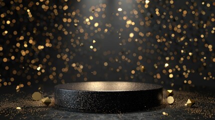black round podium for product presentation with golden glitter background