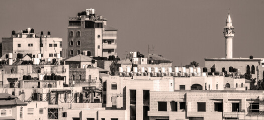 Sepia tone panorama of the skyline of Ramallah, Palestine