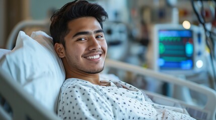 Obraz premium Young Hispanic Man Smiling Lying in Hospital Bed with Medical Equipment Background, Recovery, Health Care, Hospital Stay