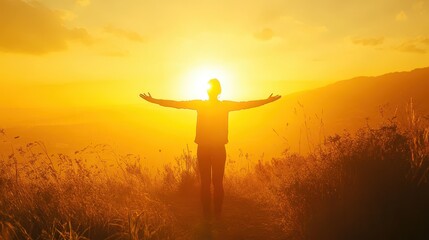 Fototapeta premium Silhouette of a Person with Outstretched Arms at Sunset