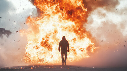 Fototapeta premium A figure walks confidently through a massive fire explosion at a dramatic outdoor location