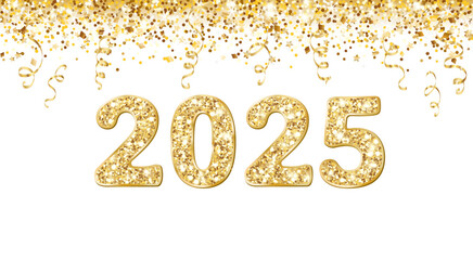 Holiday banner with golden confetti and ribbons. 2025 glitter numbers. Festive decoration isolated on white. Frame, border for New Year cards, headers, party posters. Vector.