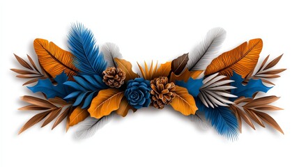 Boho Christmas banner clipart, with natural elements like leaves and feathers, white background