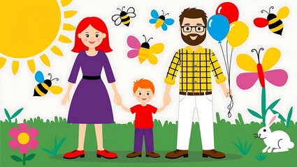 Whimsical cartoon family of three with balloons in a grassy field, featuring a sunny background with flowers, bees, and a rabbit. Great for fun and vibrant children's art