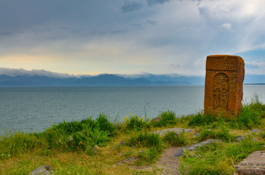 old carved stones (khachkars) near Hayravank monastery on Sevan Lake shore (Gegharkunik Province, Armenia)   