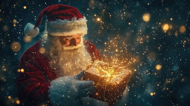 Santa Claus holding a glowing gift box with snowflakes falling around him.