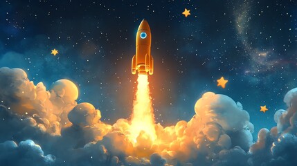 A yellow rocket ship bursts from clouds into the starry sky.