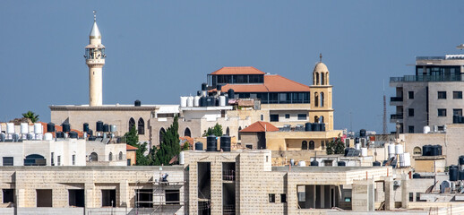 Skyline of the capital of Palestine, Ramallah, with buildings and a minaret