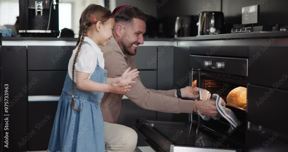 Sticker family, baking and a father with his daughter in the kitchen to remove fresh bread from the oven. ch