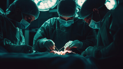 Surgeons performing a complex operation in a sterile operating room, focused teamwork