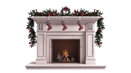 Modern fireplace with Christmas decorations on transparent background