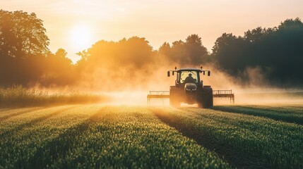 Fototapeta premium Sunrise Tractor Work in a Field