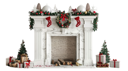 Modern fireplace with Christmas decorations on transparent background