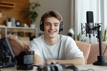 a young man sitting on a sofa in front of his microphone and headphones, smiling while talking to viewers on his podcast with studio lights in the background, content creator, streamer, youtuber