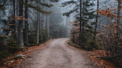 Obraz premium Misty Forest Path with Fallen Leaves