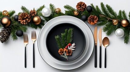 Boho Christmas table setting clipart, with natural elements, illustration, white background