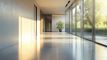 Modern hallway with large windows and natural light, featuring a potted plant.