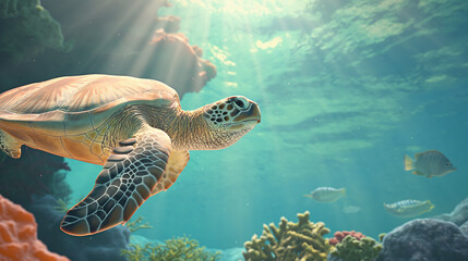 Fototapeta premium Green sea turtle swimming gracefully in a vibrant underwater coral reef environment