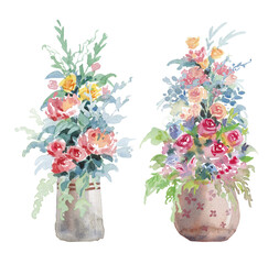 Obraz premium Watercolor paintings Set of large bouquets of flowers in a large vase. 