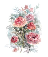 Watercolor paintings of rose and flower bouquet with green leaf