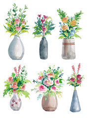 Watercolor painting set of a bouquet of flowers in a vase 