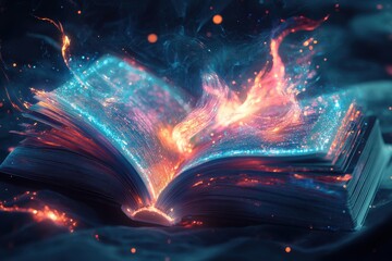 A creative illustration of a book with visual effects. Neon frame style