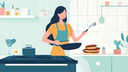 Woman in a Kitchen Cooking Pancakes with a Smile