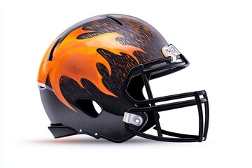 Fototapeta premium Football helmet with a flaming skull graphic, extreme sports theme, black and orange, isolated on white background