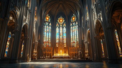Fototapeta premium Gothic Cathedral Interior with Stained Glass Windows. generative ai illustration.