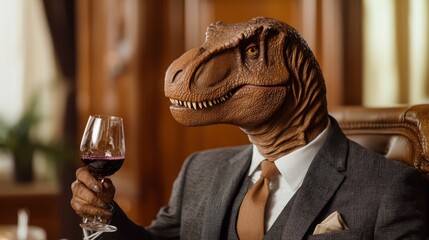A humorous image of a dinosaur in a suit enjoying wine, blending sophistication with playful absurdity in a luxurious setting.