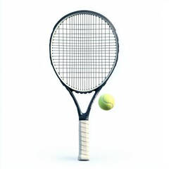 Tennis racket with a ball bouncing off the strings, dynamic sports action, realistic photo illustration, isolated on white background