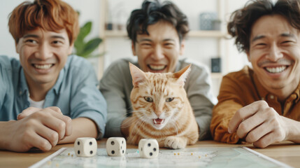 Obraz premium Cute cat with human team playing board game in house