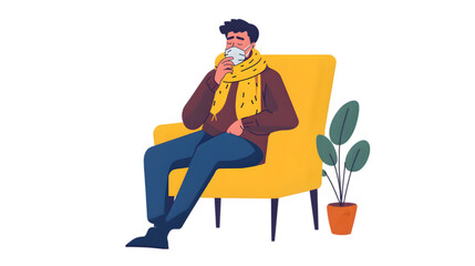 Man suffering from flu, 2D flat illustration, isolated on transparent background