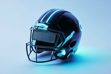 Fototapeta premium Futuristic football helmet with digital HUD display, advanced sports technology, neon accents, 3D rendering, isolated on white background