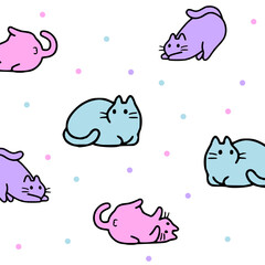 Seamless pattern with cute colorful Cats. Funny pet charactes Hand drawn vector illustration. Good for fabric, textile