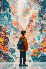 Obraz premium A man wearing a backpack stands in front of a colorful painting