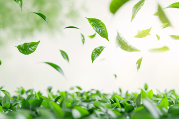 Green tea leaves gently suspended in the air on a white background