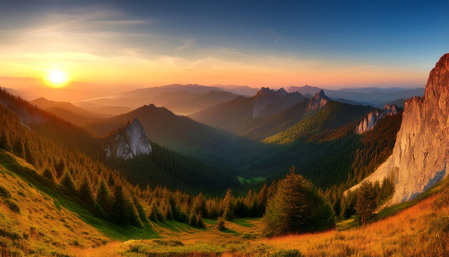  Panoramic mountain landscape at sunset, featuring the Vr&scaron;atec mountains in Slovakia, glowin_1(783)