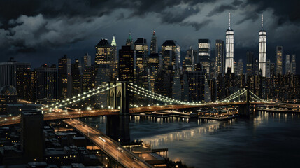 Obraz premium A beautiful city skyline illuminated at night with a bridge nearby