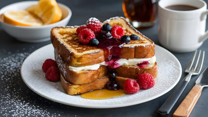 A plate of stuffed French toast with cream cheese and berry compote, dusted with powdered sugar and served with a side of maple syrup.  