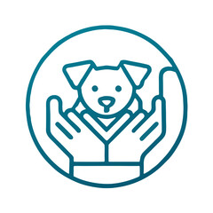 Hands Holding Puppy Icon, Line Art Style, Blue on Black Background, Pet Care and Protection Symbol with Copy Space
