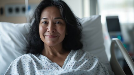 Fototapeta premium Middle Aged Woman of Pacific Islander Descent Resting in Hospital Bed Smiling for Healthcare and Recovery Themes