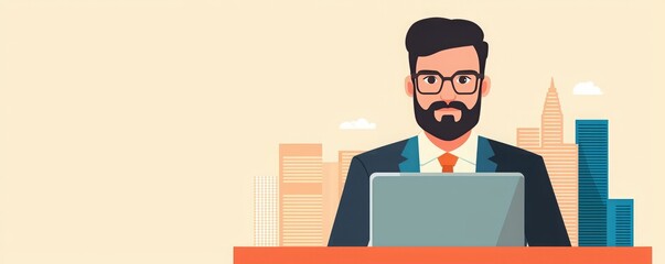 A stylish businessman working on a laptop in a modern office, embodying professionalism and focus in a city environment.