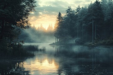 A forest with a lake in the background